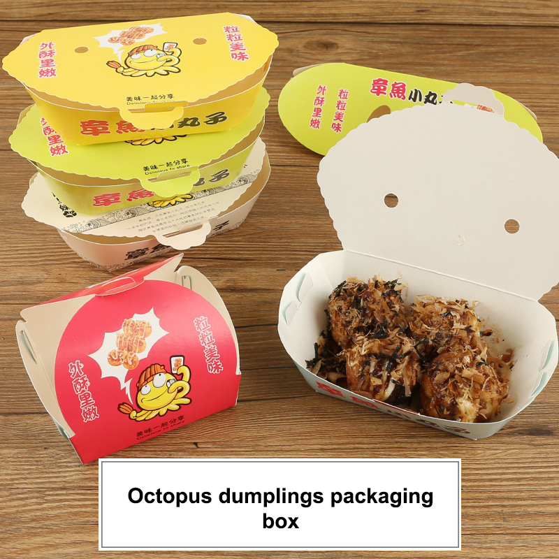 Food Snacks Box - กล่องบรรจุภัณฑ์ทาโกะยากิแบบใช้แล้วทิ้งลายการ์ตูนรูปปลาหมึก 100 ชิ้น สำหรับอาหารญี่ปุ่นแบบสตรีทฟู้ด ขนมทานเล่นแบบนำกลับบ้าน กล่องใส่อาหารสำหรับงานปาร์ตี้