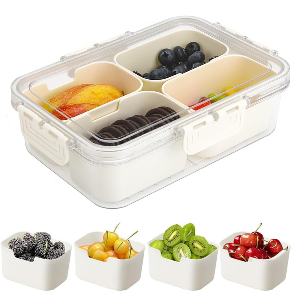 Food Snacks Box - กล่องเก็บอาหารแบบพกพา, กล่องเก็บขนม, 4 ช่องพร้อมฝาปิด, ถาดแยกสำหรับเสิร์ฟ, กล่องขนมสำหรับครัว,