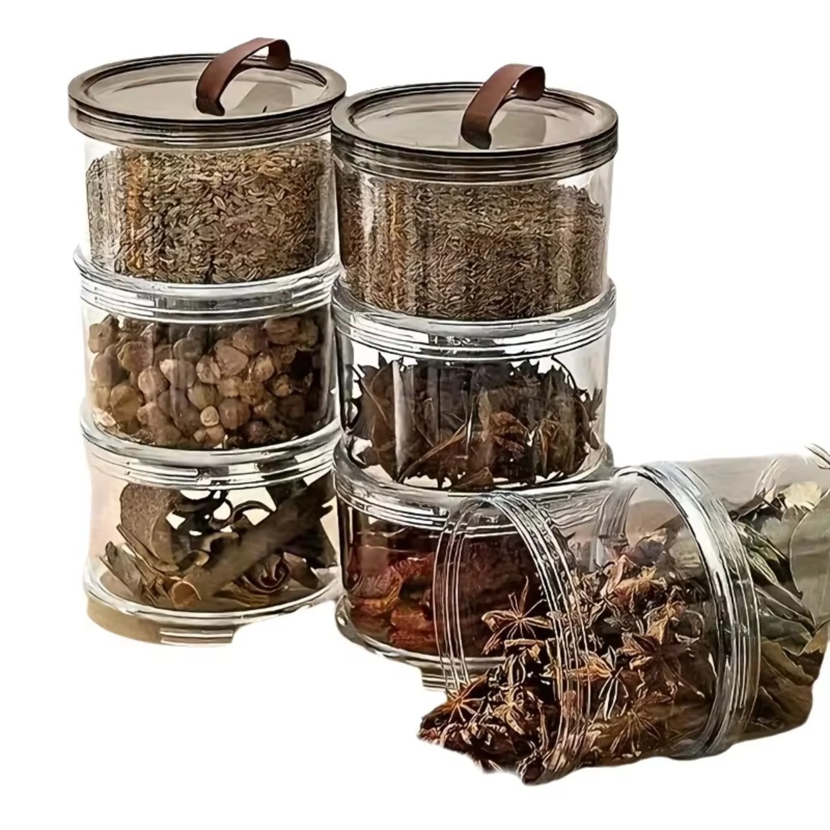 Food Snacks Box - กล่องใส่เครื่องเทศแบบมือถือ 3 ชั้น ทรงกลม ภาชนะเก็บอาหารหลายชั้น โปร่งใส